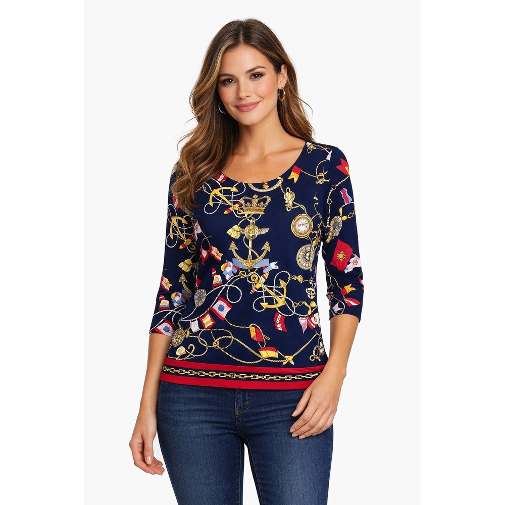 Talbots Petite Navy Blue Nautical Anchor‎ Print 3/4 Sleeve Top Large Petite LP
